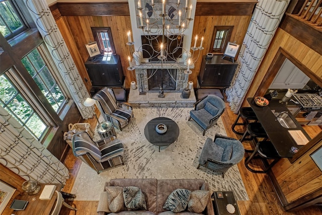 581 Sagee Woods Dr, Highlands, NC 28741 - living area featuring a chandelier and wood finished floors