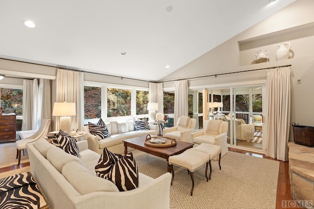 living room with light hardwood / wood-style floors and vaulted ceiling