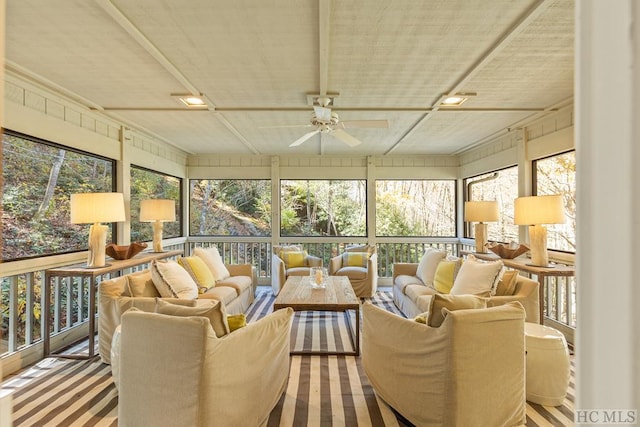 sunroom / solarium featuring ceiling fan and plenty of natural light