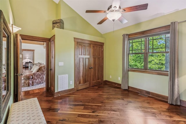 18 Buck Knob Is, Glenville, NC 28723 - unfurnished bedroom featuring baseboards, dark wood-type flooring, a ceiling fan, and high vaulted ceiling