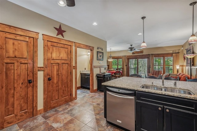 18 Buck Knob Is, Glenville, NC 28723 - kitchen featuring dishwasher, dark cabinets, a sink, a ceiling fan, and pendant lighting