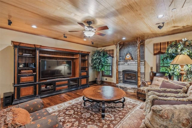 18 Buck Knob Is, Glenville, NC 28723 - living area with wood ceiling, wood finished floors, ceiling fan, a stone fireplace, and recessed lighting