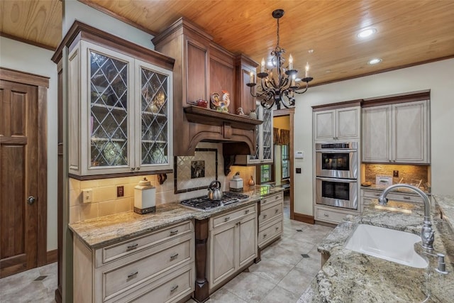 18 Buck Knob Is, Glenville, NC 28723 - kitchen featuring a sink, appliances with stainless steel finishes, decorative backsplash, glass insert cabinets, and wooden ceiling