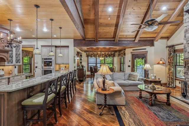 18 Buck Knob Is, Glenville, NC 28723 - living room featuring wooden ceiling with exposed beams, dark wood-style floors, and ceiling fan