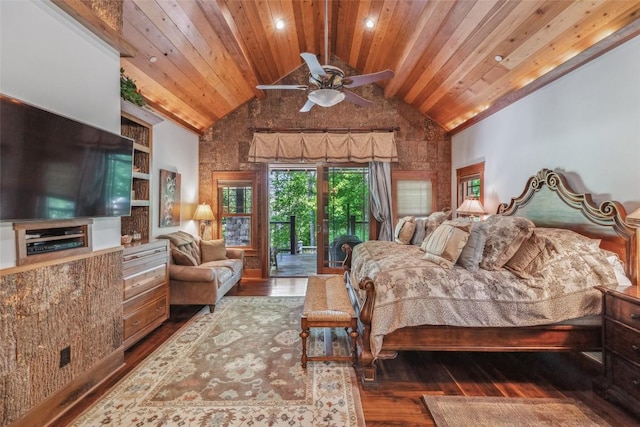18 Buck Knob Is, Glenville, NC 28723 - bedroom featuring wood finished floors, wooden ceiling, access to outside, and high vaulted ceiling