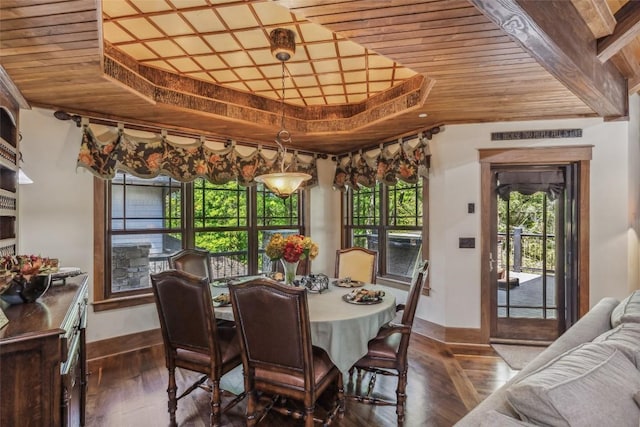 18 Buck Knob Is, Glenville, NC 28723 - dining room featuring wood ceiling, a raised ceiling, healthy amount of natural light, dark wood-style flooring, and baseboards
