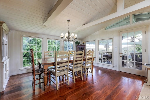 dining space with lofted ceiling with beams, a chandelier, and dark hardwood / wood-style flooring