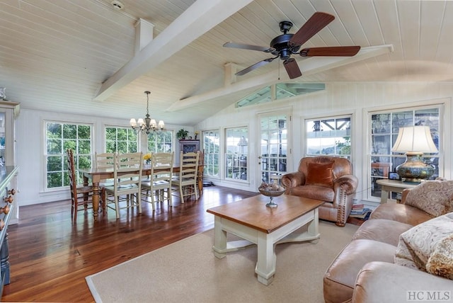 living room featuring hardwood / wood-style flooring, ceiling fan with notable chandelier, and lofted ceiling with beams