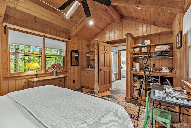 bedroom with wood walls, light hardwood / wood-style floors, and wood ceiling