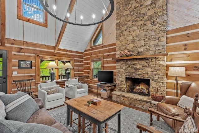 living room featuring high vaulted ceiling, a fireplace, beamed ceiling, and wooden walls