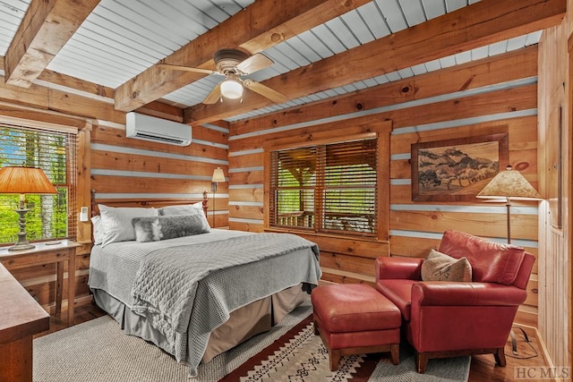 bedroom featuring wooden walls, ceiling fan, wooden ceiling, beam ceiling, and a wall mounted air conditioner