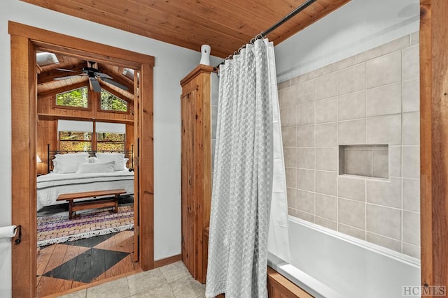 bathroom featuring shower / tub combo, tile patterned floors, ceiling fan, wood ceiling, and lofted ceiling