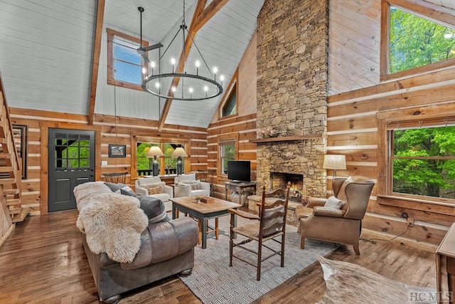 living room featuring high vaulted ceiling, wood-type flooring, and wooden walls