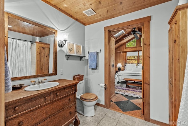 bathroom featuring toilet, wooden ceiling, tile patterned flooring, vanity, and ceiling fan