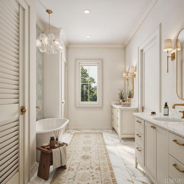 bathroom with a notable chandelier, a bath, vanity, and ornamental molding