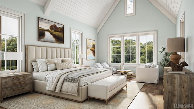 bedroom featuring beam ceiling, high vaulted ceiling, and light hardwood / wood-style floors