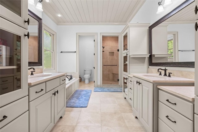 57 Loch Dr, Glenville, NC 28736 - full bath featuring a stall shower, two vanities, tile patterned flooring, wood ceiling, and a garden tub