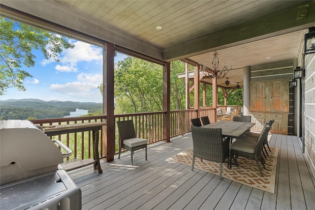 57 Loch Dr, Glenville, NC 28736 - wooden deck featuring area for grilling, a water and mountain view, and outdoor dining area