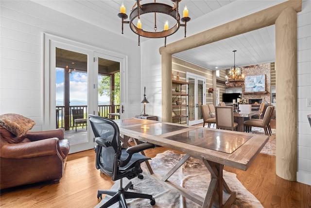 57 Loch Dr, Glenville, NC 28736 - office space with a chandelier, wood finished floors, french doors, and wooden ceiling