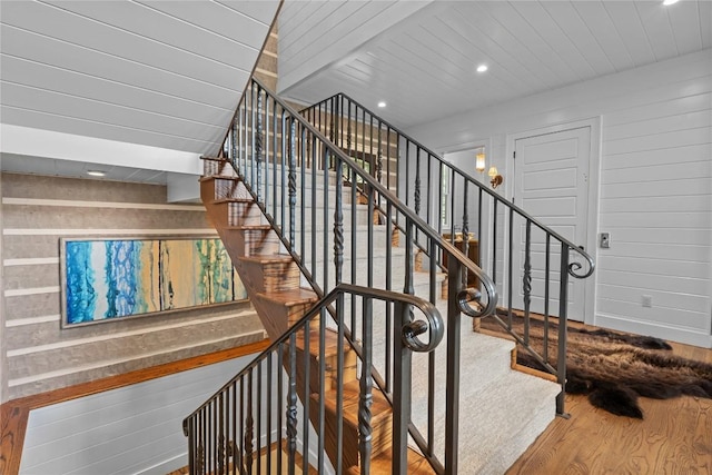 57 Loch Dr, Glenville, NC 28736 - stairway featuring wood finished floors and recessed lighting