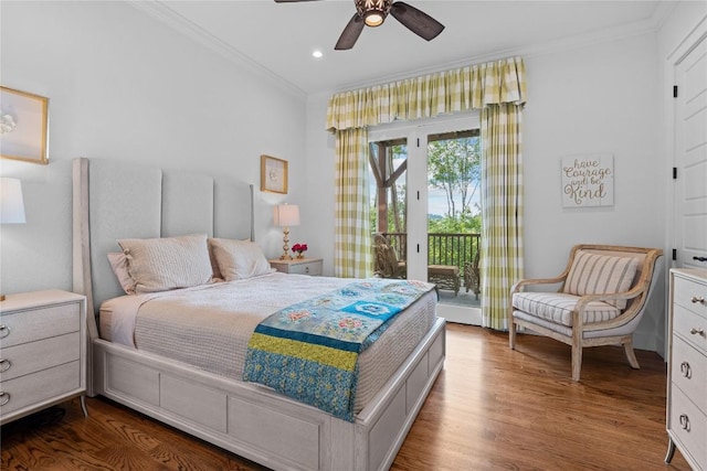 57 Loch Dr, Glenville, NC 28736 - bedroom featuring crown molding, access to exterior, wood finished floors, recessed lighting, and ceiling fan