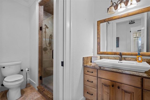 57 Loch Dr, Glenville, NC 28736 - bathroom featuring vanity, a shower stall, and stone finish floors