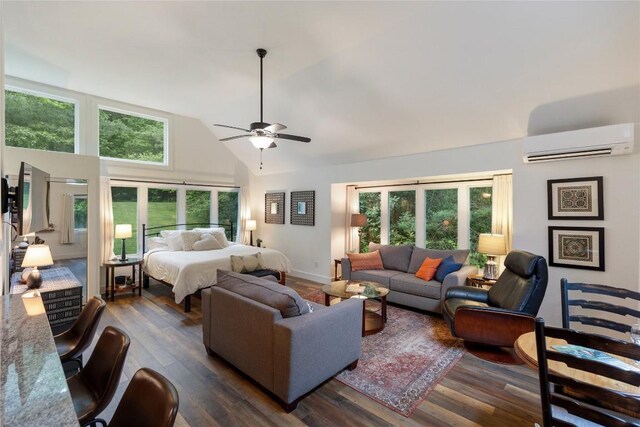 260 River Run Unit 1909, Sapphire, NC 28774 - bedroom featuring a wall mounted AC, multiple windows, dark wood-type flooring, and high vaulted ceiling