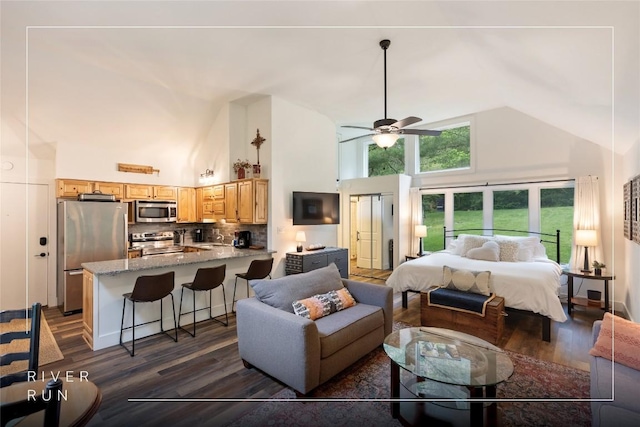 260 River Run Unit 1909, Sapphire, NC 28774 - bedroom featuring freestanding refrigerator, high vaulted ceiling, and dark wood-style floors