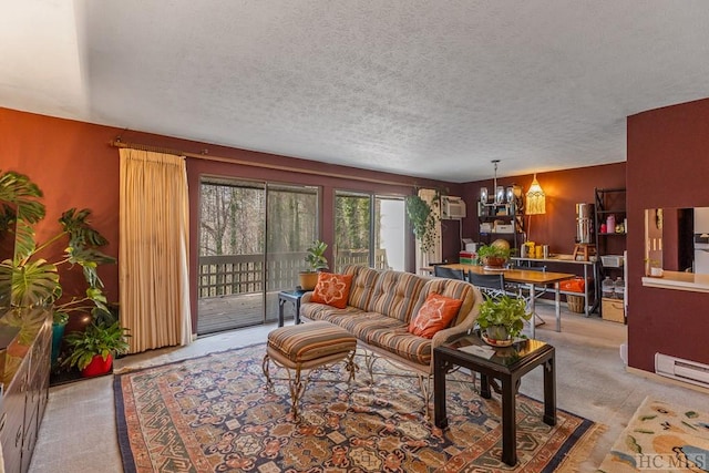 living room with a baseboard radiator, light colored carpet, a textured ceiling, and a chandelier