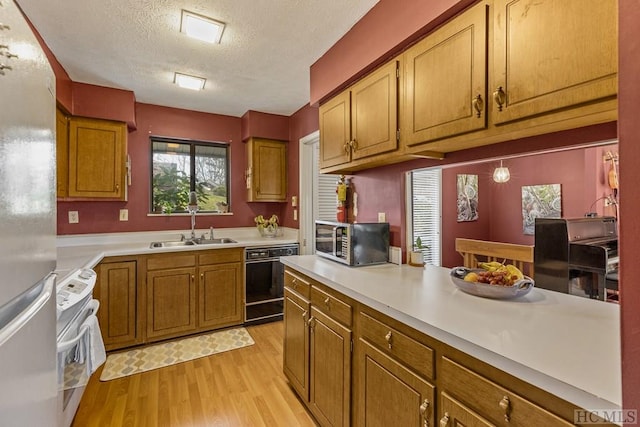 kitchen featuring sink, light hardwood / wood-style flooring, fridge, white range with electric stovetop, and a textured ceiling