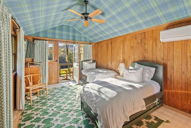 carpeted bedroom with access to outside, vaulted ceiling, wood walls, and a wall mounted air conditioner