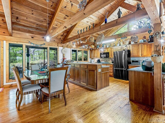 dining room with high vaulted ceiling, wood ceiling, beamed ceiling, and light hardwood / wood-style flooring