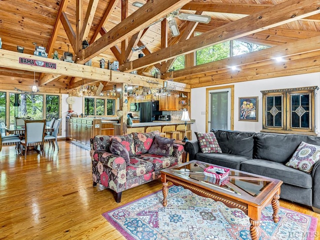 living room with high vaulted ceiling, beam ceiling, wooden ceiling, and light hardwood / wood-style floors