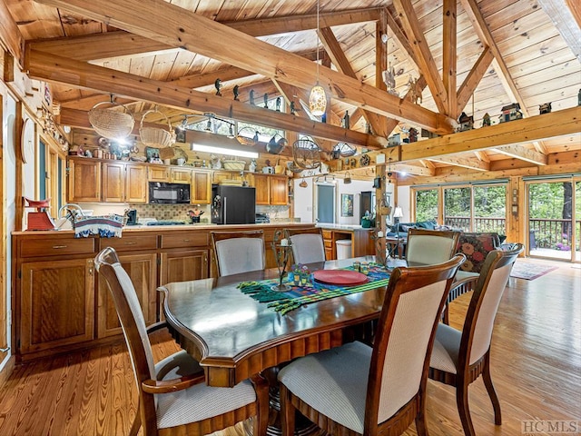 dining area with high vaulted ceiling, wooden ceiling, light hardwood / wood-style flooring, and beam ceiling