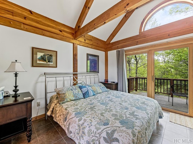 bedroom featuring high vaulted ceiling, access to exterior, dark tile patterned flooring, and beam ceiling