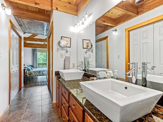 bathroom with vanity, wood ceiling, beamed ceiling, and tile patterned floors