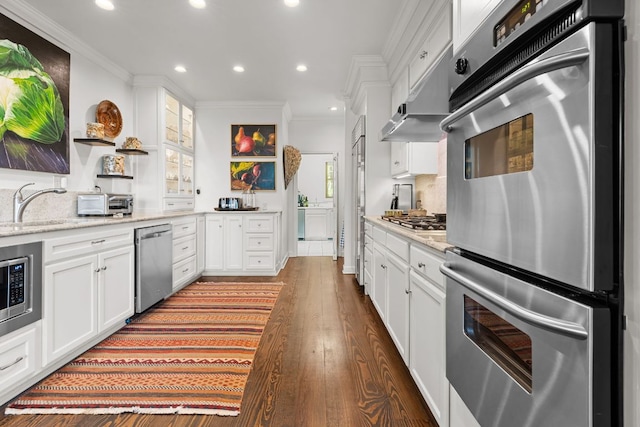 592 Whiteside Mountain Rd, Highlands, NC 28741 - kitchen with built in appliances, open shelves, crown molding, white cabinets, and recessed lighting