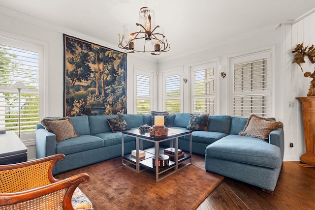 592 Whiteside Mountain Rd, Highlands, NC 28741 - living area with a chandelier, wood finished floors, healthy amount of natural light, and ornamental molding