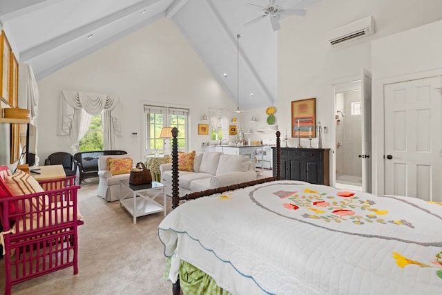 592 Whiteside Mountain Rd, Highlands, NC 28741 - bedroom with an AC wall unit, light carpet, high vaulted ceiling, and beam ceiling