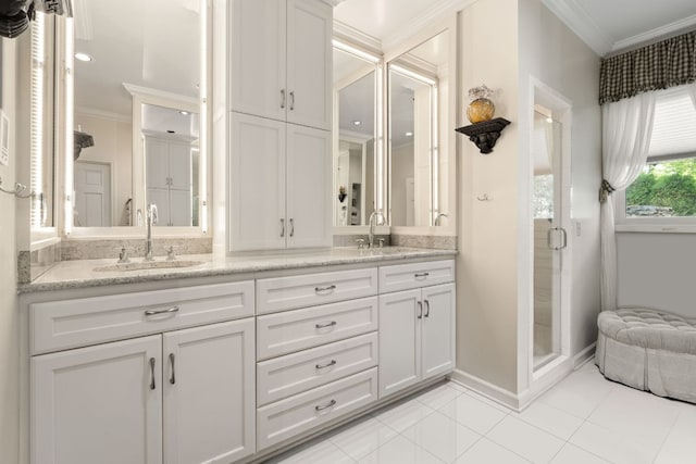592 Whiteside Mountain Rd, Highlands, NC 28741 - full bathroom featuring ornamental molding, double vanity, a stall shower, and tile patterned flooring