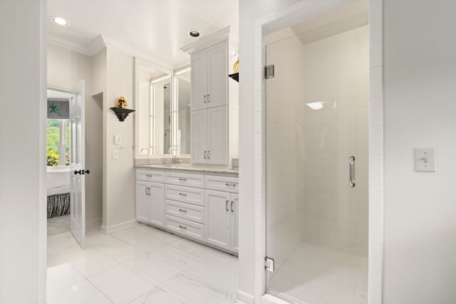 592 Whiteside Mountain Rd, Highlands, NC 28741 - full bathroom featuring double vanity, crown molding, a shower stall, marble look tiles, and recessed lighting