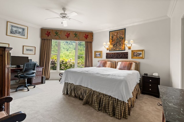 592 Whiteside Mountain Rd, Highlands, NC 28741 - bedroom featuring crown molding, light carpet, a desk, and a ceiling fan