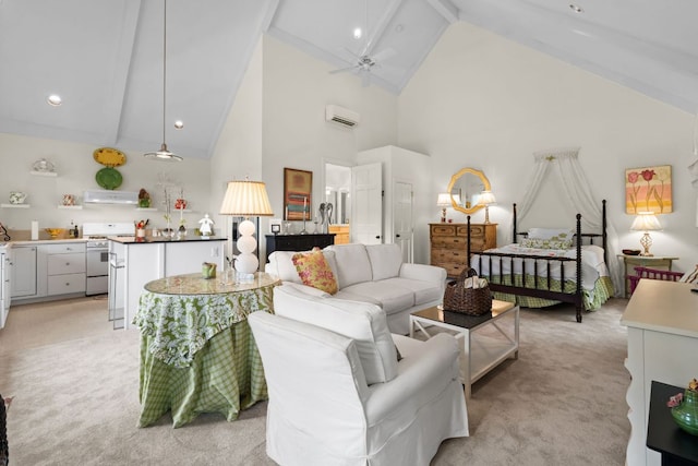 592 Whiteside Mountain Rd, Highlands, NC 28741 - living room featuring light colored carpet, high vaulted ceiling, a wall unit AC, beamed ceiling, and a ceiling fan