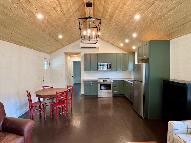 kitchen featuring dark wood-style floors, stainless steel appliances, vaulted ceiling, light countertops, and wood ceiling