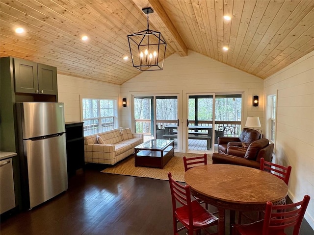 dining space featuring dark wood finished floors, recessed lighting, wooden ceiling, a chandelier, and vaulted ceiling with beams