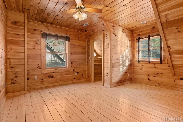 additional living space featuring light wood-type flooring, wooden ceiling, and wood walls