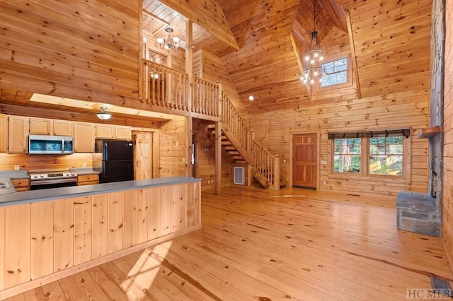 kitchen with hanging light fixtures, wooden walls, stainless steel appliances, wooden ceiling, and light brown cabinets