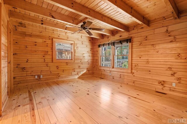 unfurnished room featuring wood ceiling, ceiling fan, wooden walls, and beam ceiling