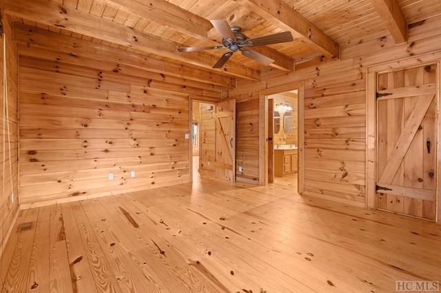 spare room with beamed ceiling, wood ceiling, wooden walls, and light hardwood / wood-style floors