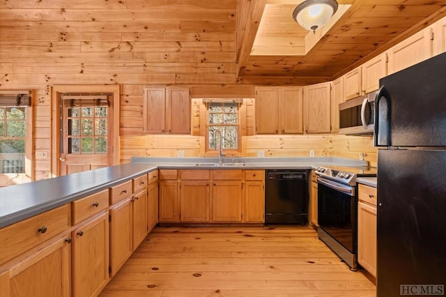 kitchen with sink, wooden ceiling, wooden walls, and black appliances